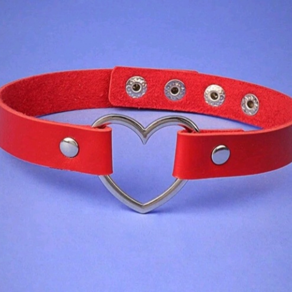 Silver Heart Shaped Pendant Choker Necklace /  RED Faux Leather